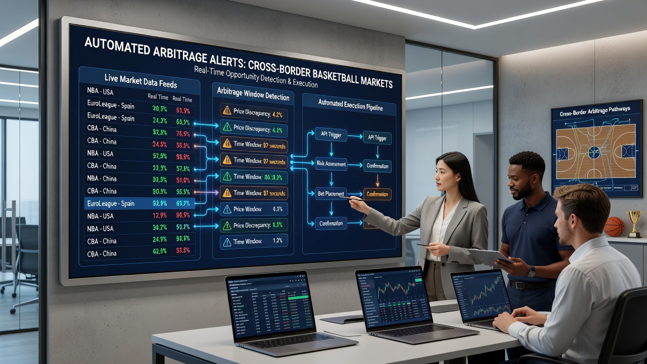 Flowchart illustrating data pipeline from international bookmakers to automated alert notifications for basketball arbitrage