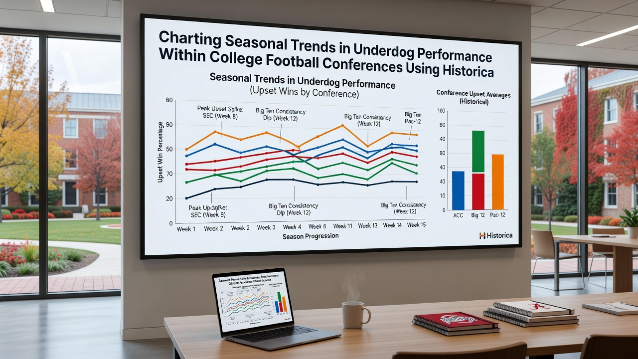 Graph illustrating seasonal variations in underdog win percentages by conference from 2000 to 2025