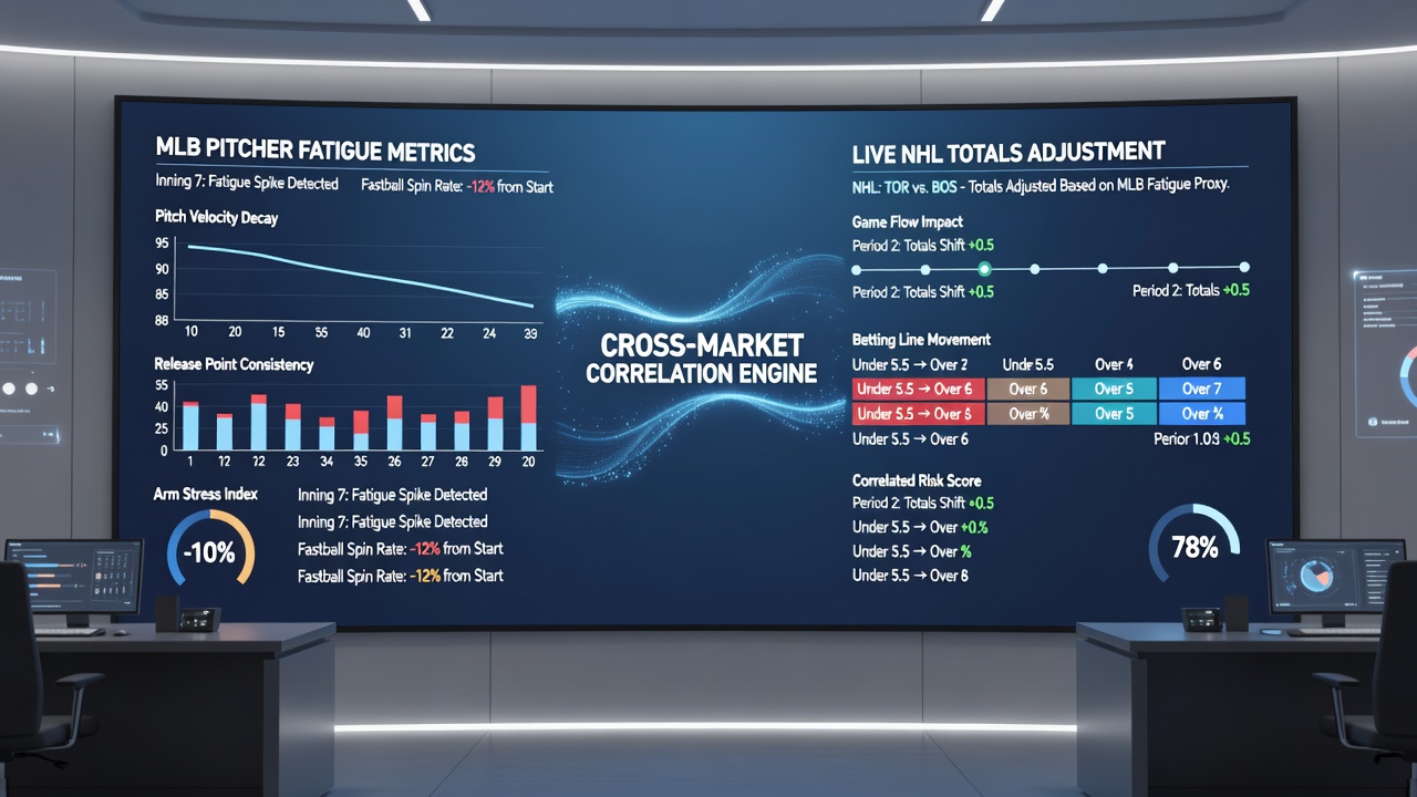Dashboard view of live NHL totals adjustments driven by MLB pitcher fatigue correlations