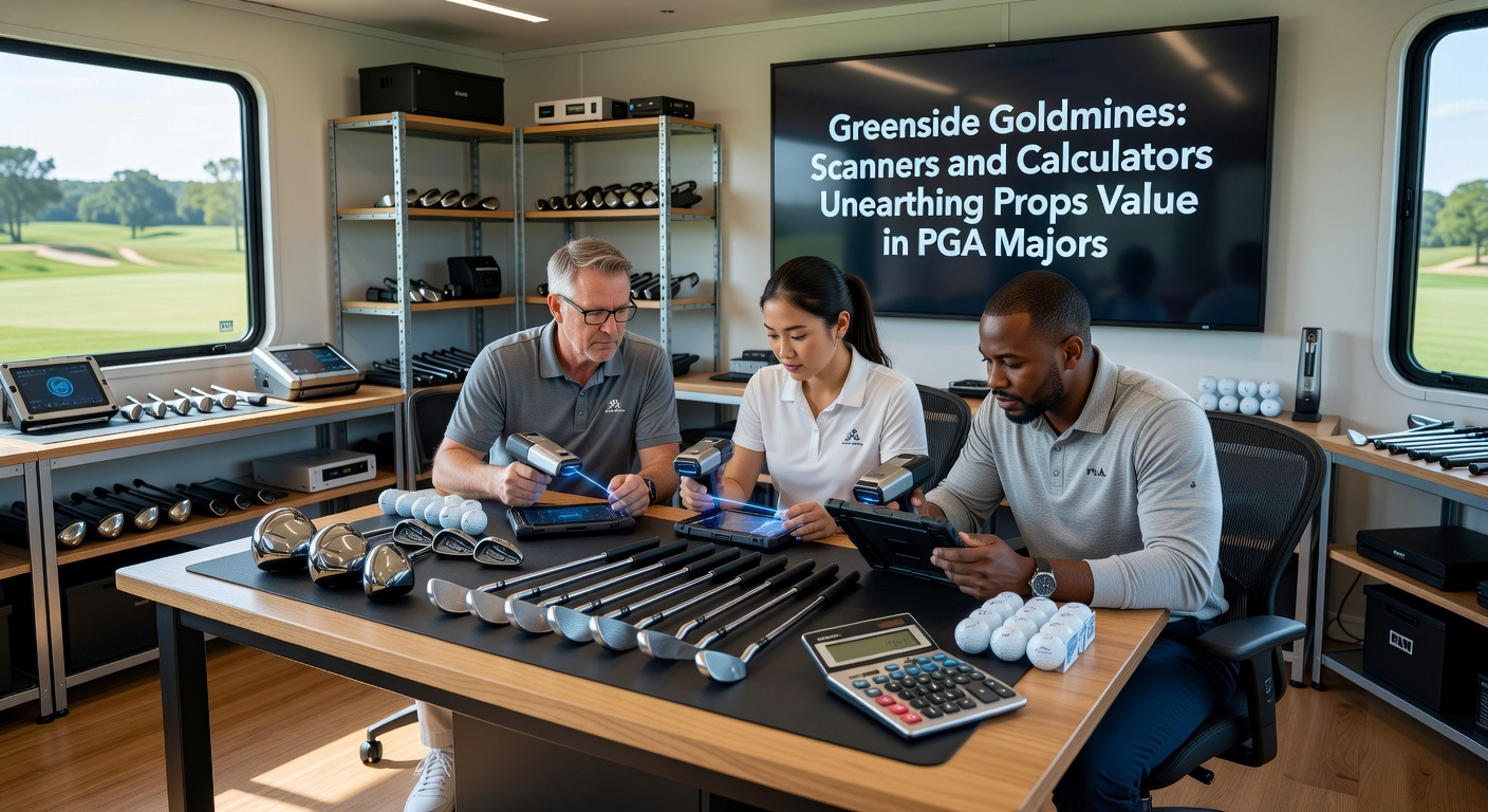 Digital dashboard displaying PGA prop calculator outputs, with graphs of strokes gained metrics and odds comparisons for major tournaments