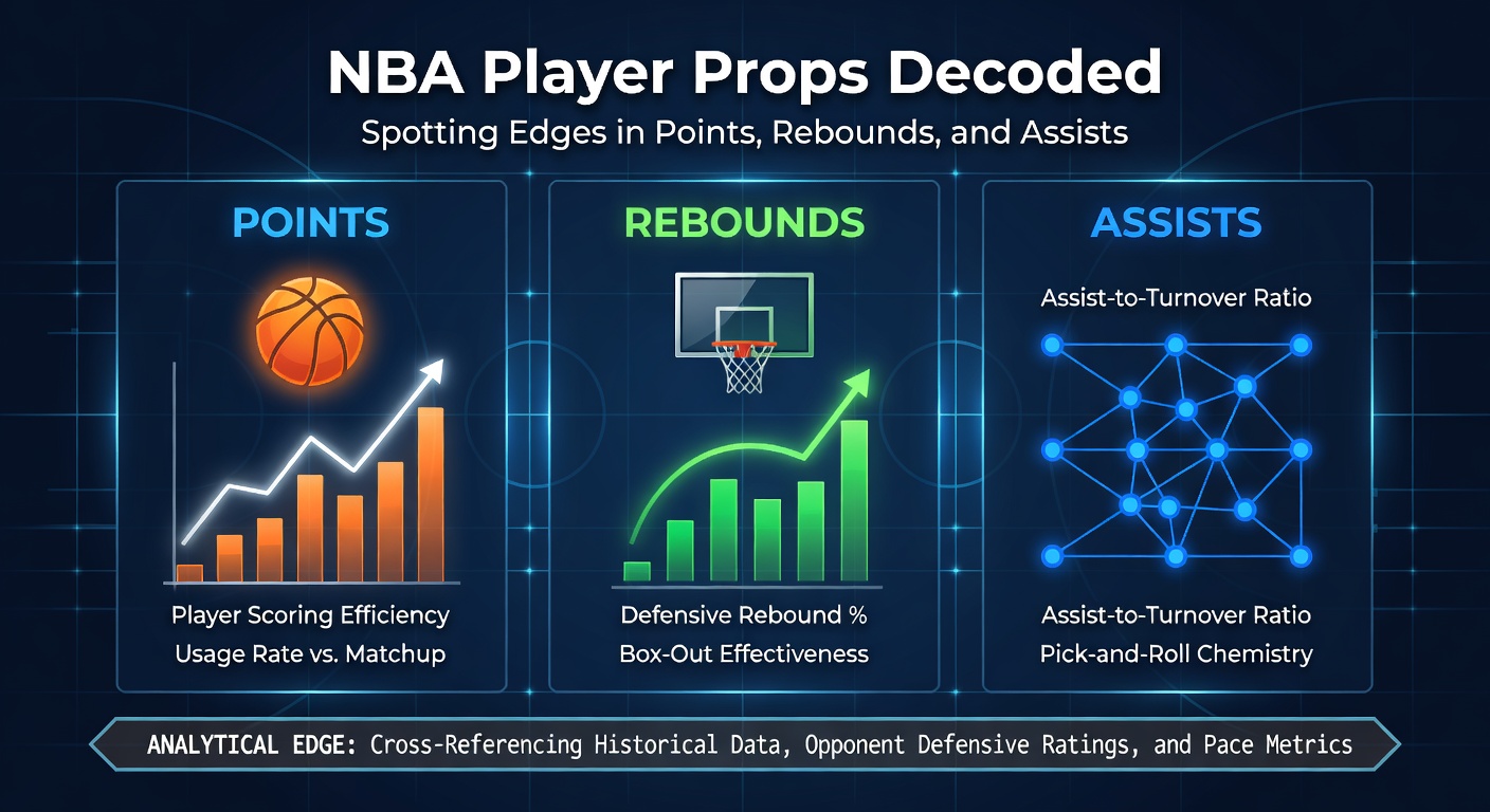 Close-up analysis chart of NBA player prop lines with highlighted edges in rebounds and assists stats from recent games