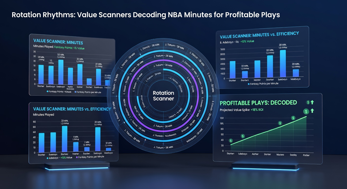 Close-up of NBA coaching clipboard with rotation notes, overlaid with scanner graphs showing minutes variance and profit curves