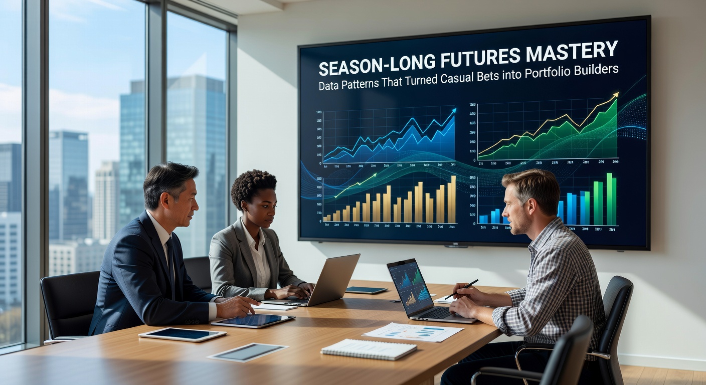 Infographic displaying diversified futures portfolio allocation across NFL, NBA, and MLB with ROI charts