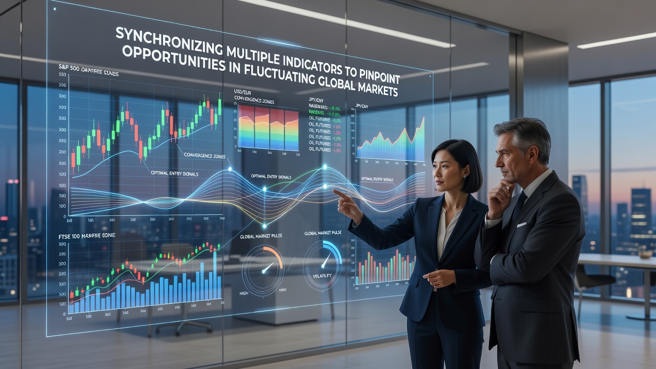Global trading floor with analysts aligning economic data feeds and technical overlays on synchronized dashboards