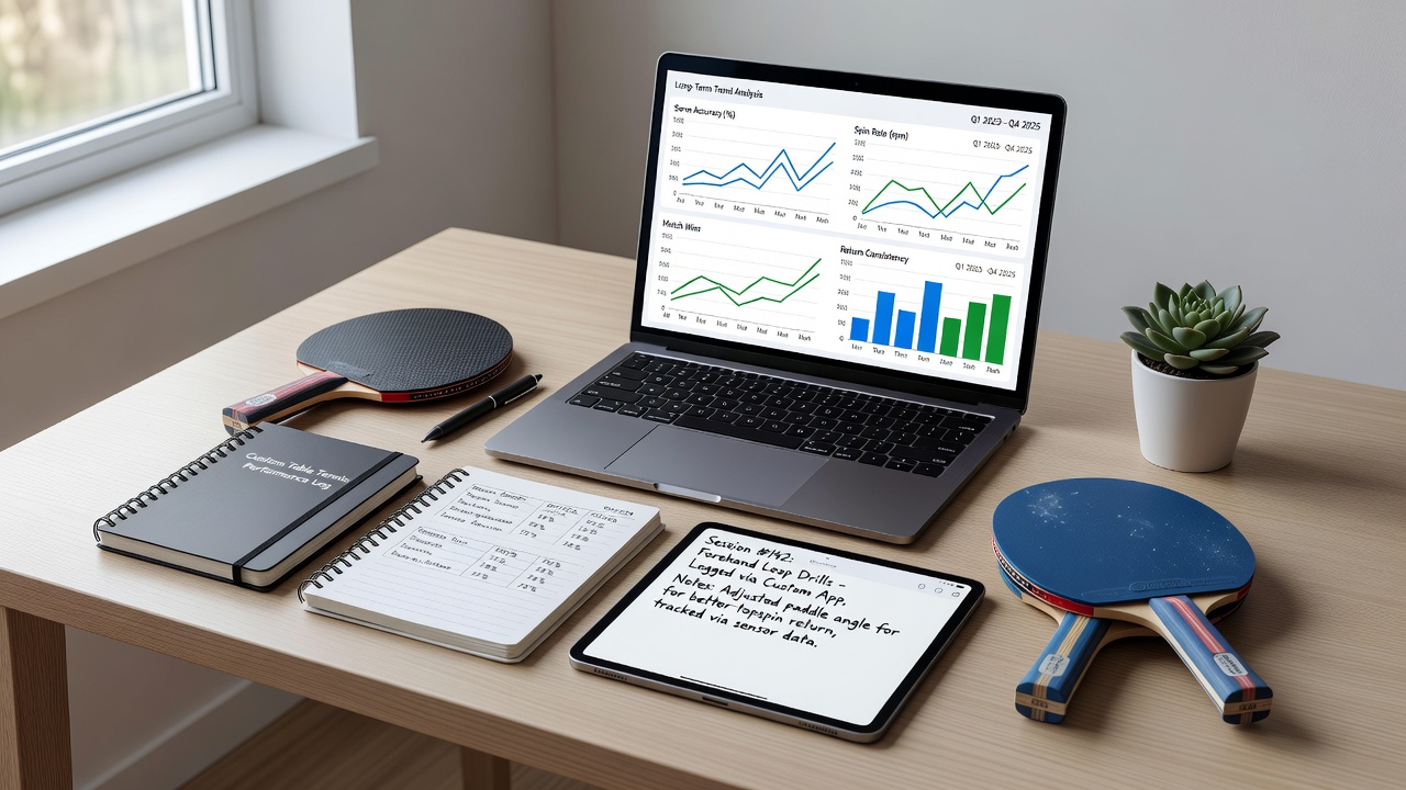 Close-up of customized spreadsheet interface displaying table tennis match logs and performance charts