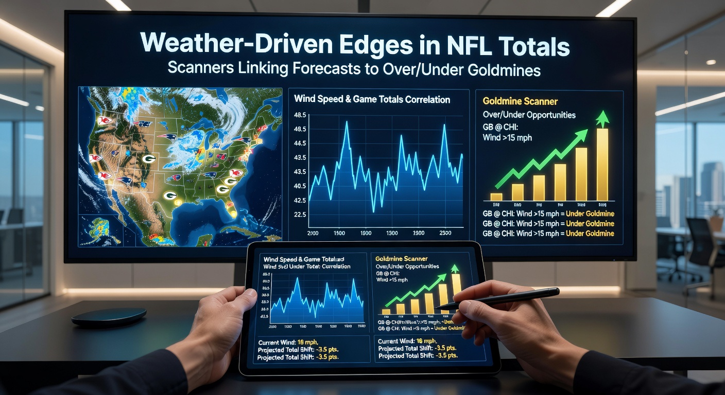 Digital dashboard displaying weather forecasts overlaid with NFL betting lines for over/under totals