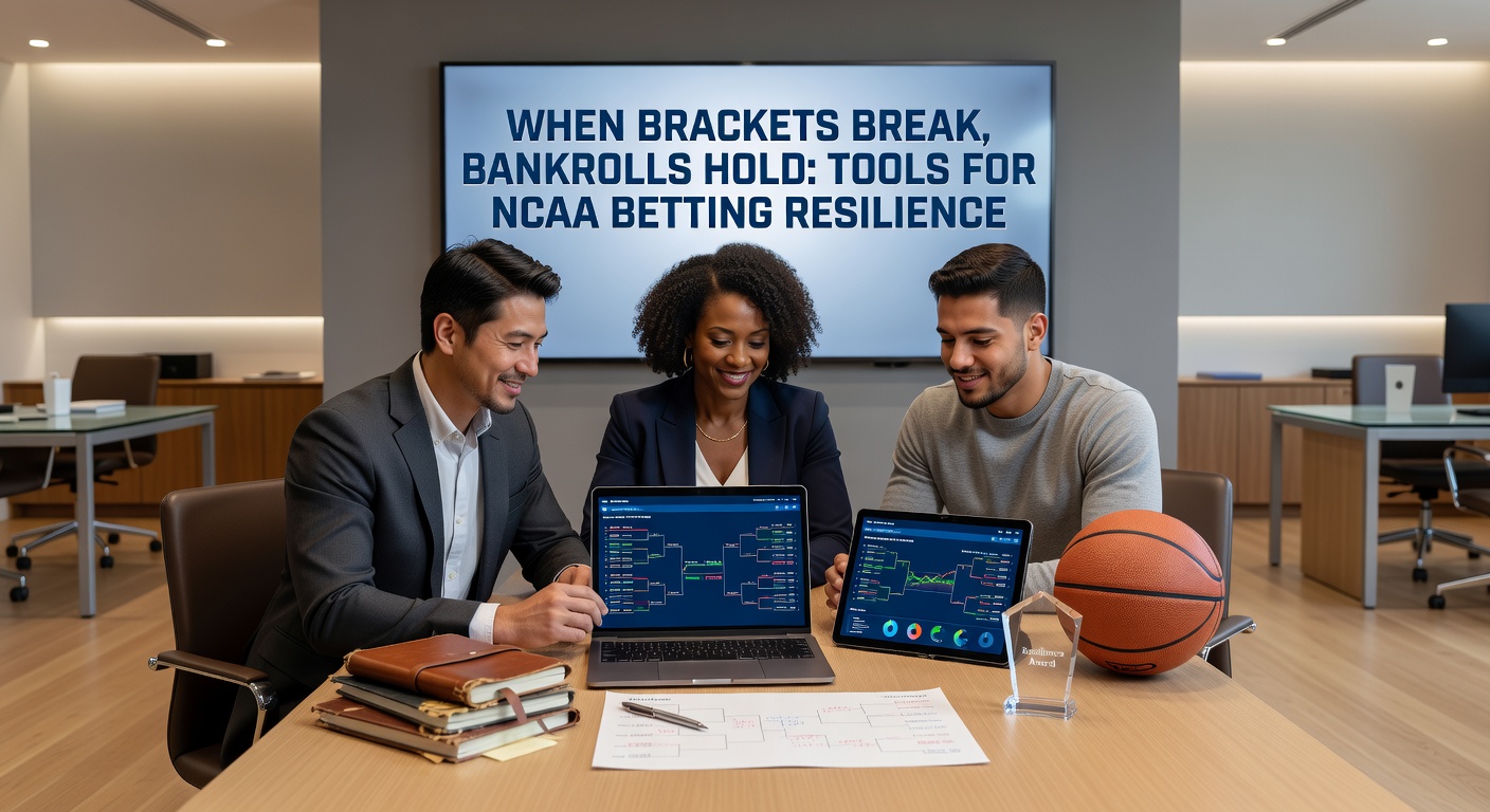 Digital dashboard displaying NCAA hedging calculator with live odds, bankroll projections, and upset probability charts for resilient betting